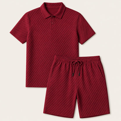 Men's Polo Shirt and Shorts Set Short Sleeve with Textured Jacquard Pattern
