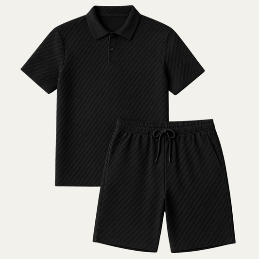 Men's Polo Shirt and Shorts Set Short Sleeve with Textured Jacquard Pattern