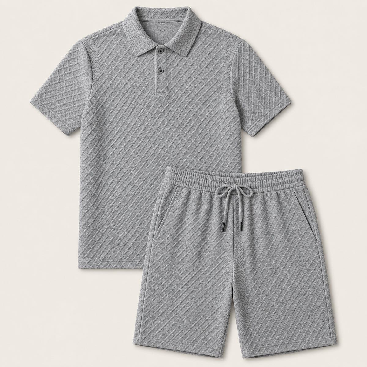 Men's Polo Shirt and Shorts Set Short Sleeve with Textured Jacquard Pattern