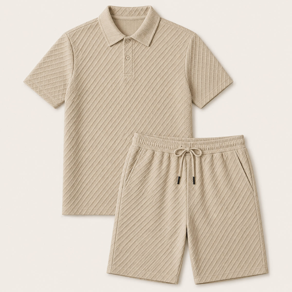 Men's Polo Shirt and Shorts Set Short Sleeve with Textured Jacquard Pattern