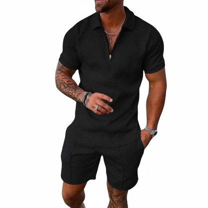 Men's Polo Shirt and Shorts Set Short Sleeve with Zip Collar