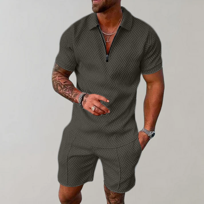 Men's Polo Shirt and Shorts Set Short Sleeve with Zip Collar