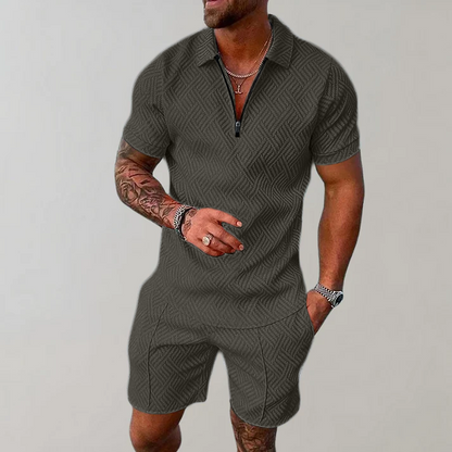 Men's Polo Shirt and Shorts Set Short Sleeve with Zip Collar