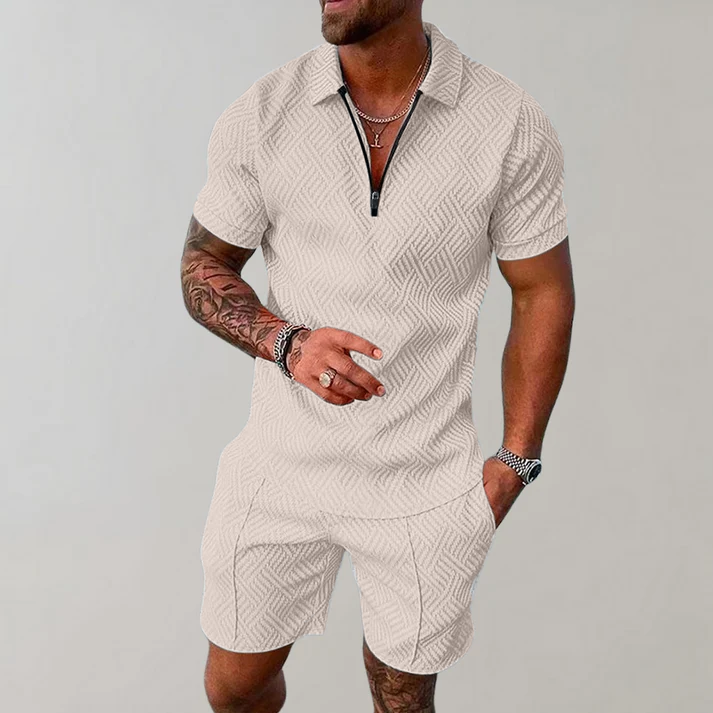Men's Polo Shirt and Shorts Set Short Sleeve with Zip Collar