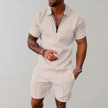 Men's Polo Shirt and Shorts Set Short Sleeve with Zip Collar