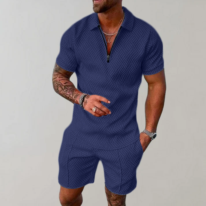 Men's Polo Shirt and Shorts Set Short Sleeve with Zip Collar