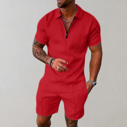 Men's Polo Shirt and Shorts Set Short Sleeve with Zip Collar
