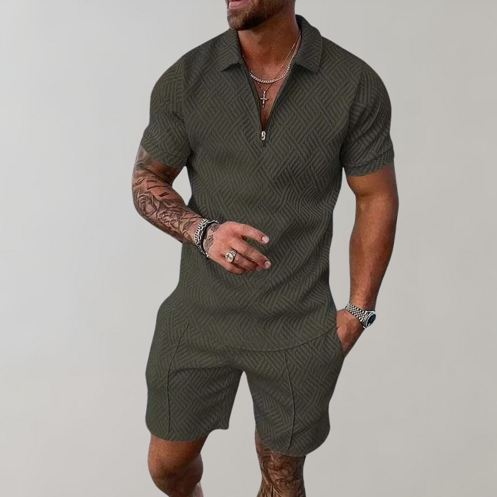 Men's Polo Shirt and Shorts Set Short Sleeve with Zip Collar and Geometric Texture