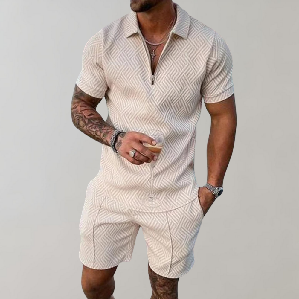 Men's Polo Shirt and Shorts Set Short Sleeve with Zip Collar and Geometric Texture