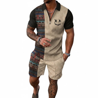 Men's Polo Shirt and Shorts Set with Colorblock Ethnic Print and Zip Collar