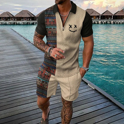 Men's Polo Shirt and Shorts Set with Colorblock Ethnic Print and Zip Collar