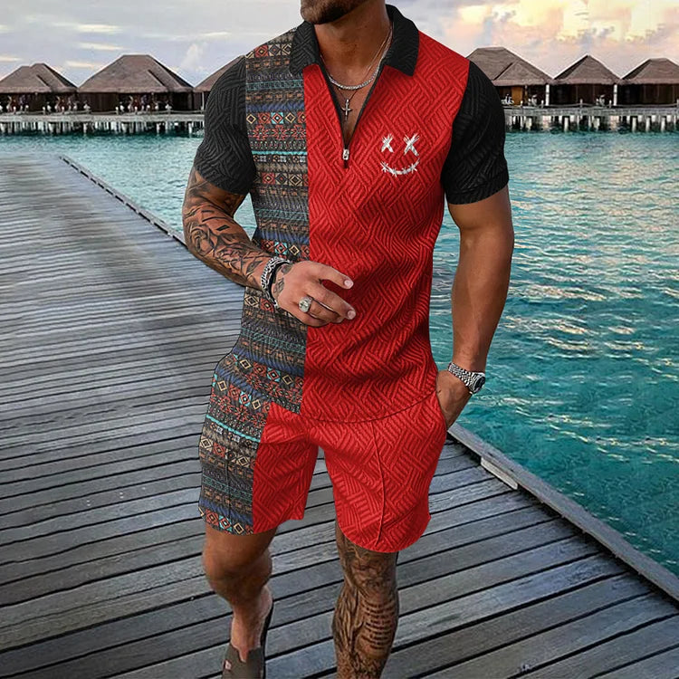 Men's Polo Shirt and Shorts Set with Colorblock Ethnic Print and Zip Collar
