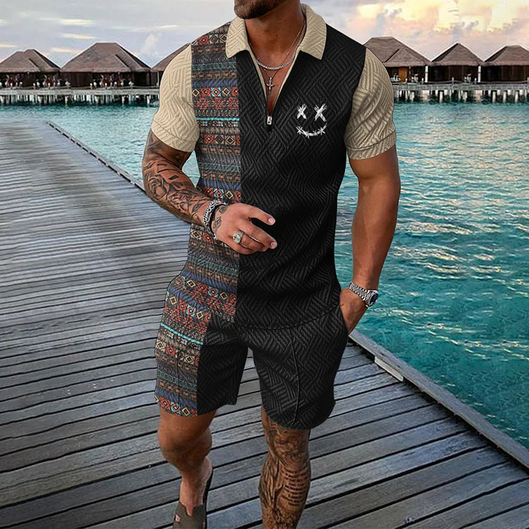 Men's Polo Shirt and Shorts Set with Colorblock Ethnic Print and Zip Collar