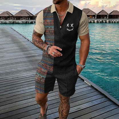Men's Polo Shirt and Shorts Set with Colorblock Ethnic Print and Zip Collar