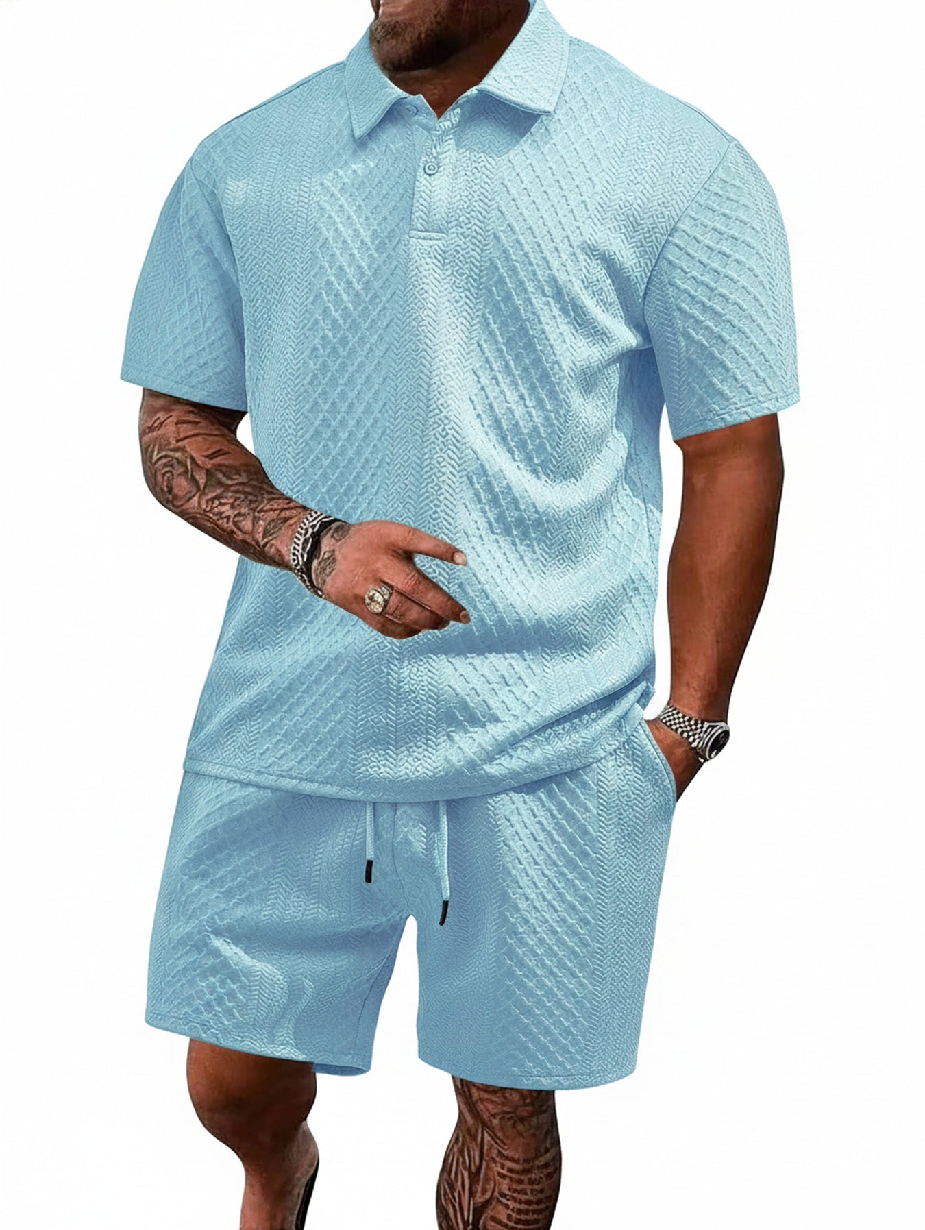 Men's Polo Shirt and Shorts Set with Herringbone Texture and Drawstring Waist