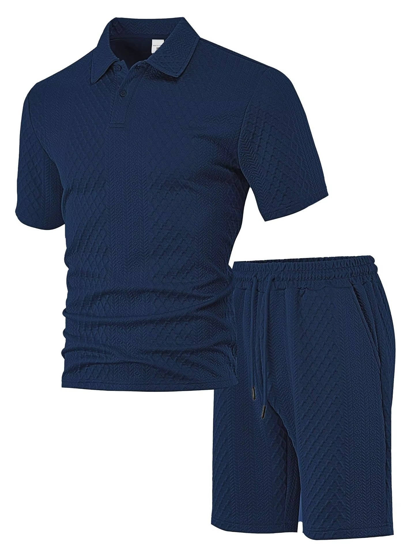 Men's Polo Shirt and Shorts Set with Herringbone Texture and Drawstring Waist