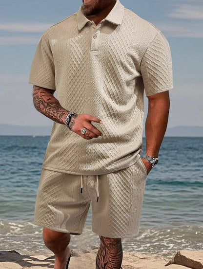 Men's Polo Shirt and Shorts Set with Herringbone Texture and Drawstring Waist