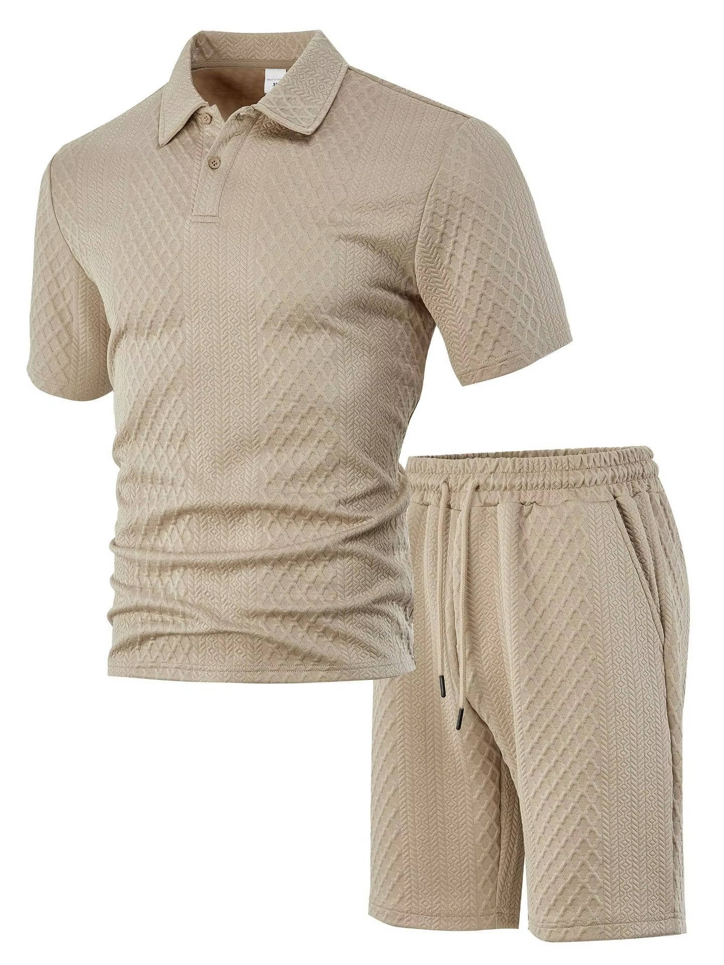 Men's Polo Shirt and Shorts Set with Herringbone Texture and Drawstring Waist