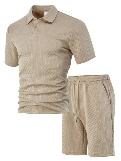 Men's Polo Shirt and Shorts Set with Herringbone Texture and Drawstring Waist
