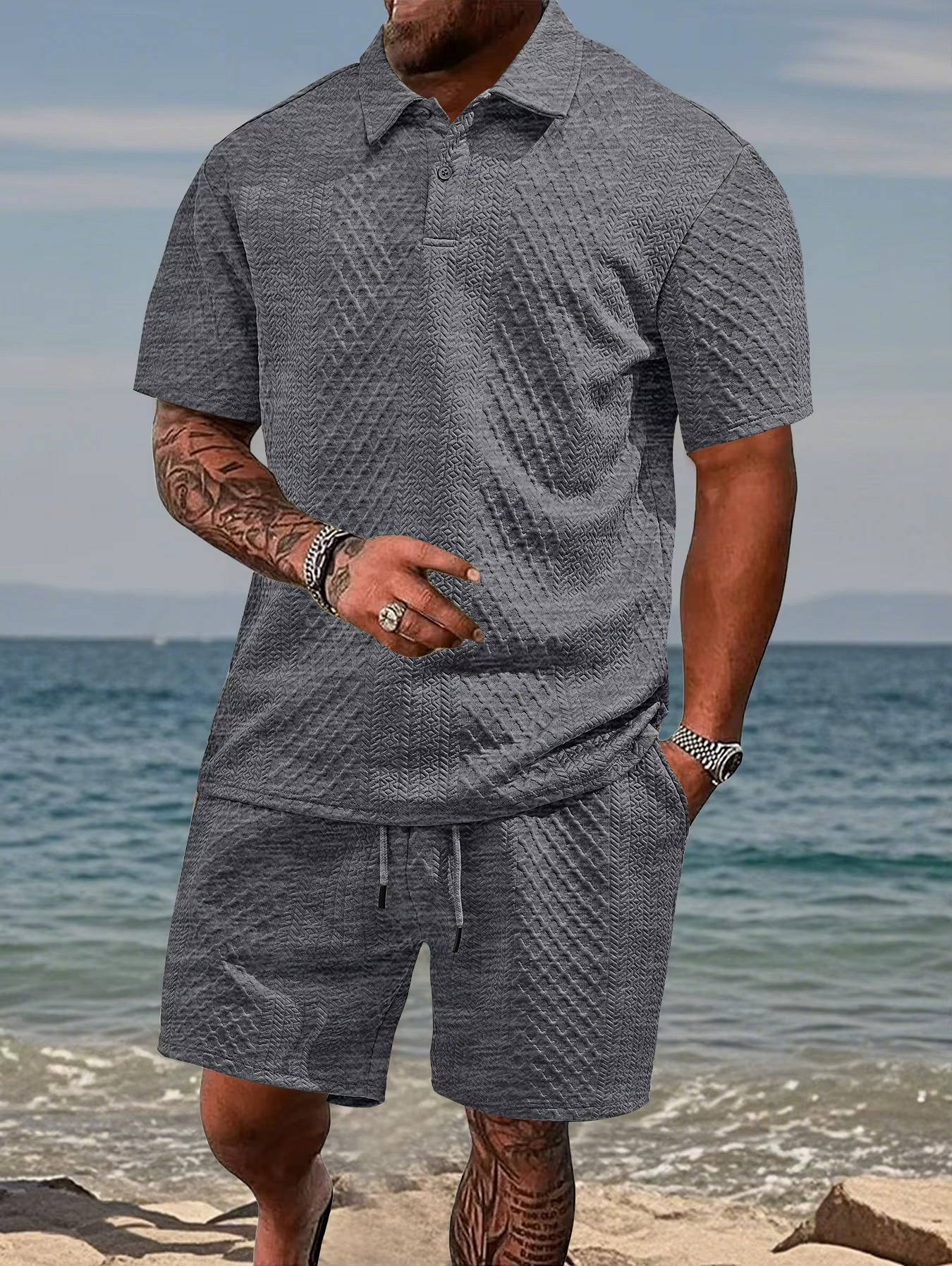 Men's Polo Shirt and Shorts Set with Herringbone Texture and Drawstring Waist