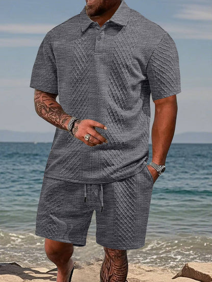 Men's Polo Shirt and Shorts Set with Herringbone Texture and Drawstring Waist