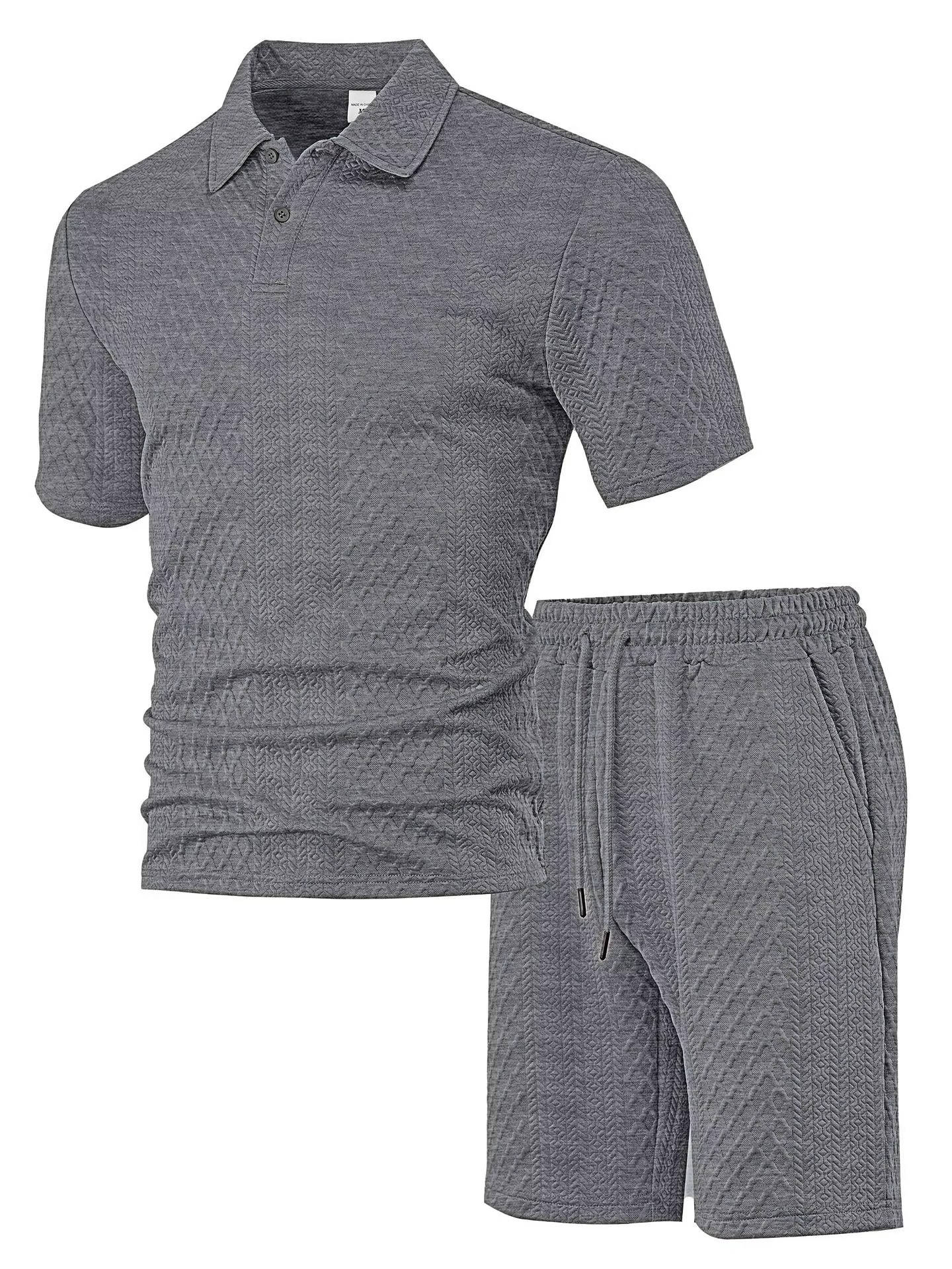 Men's Polo Shirt and Shorts Set with Herringbone Texture and Drawstring Waist