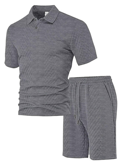 Men's Polo Shirt and Shorts Set with Herringbone Texture and Drawstring Waist