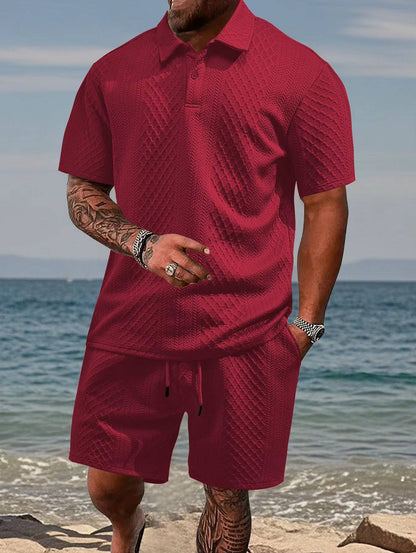 Men's Polo Shirt and Shorts Set with Herringbone Texture and Drawstring Waist