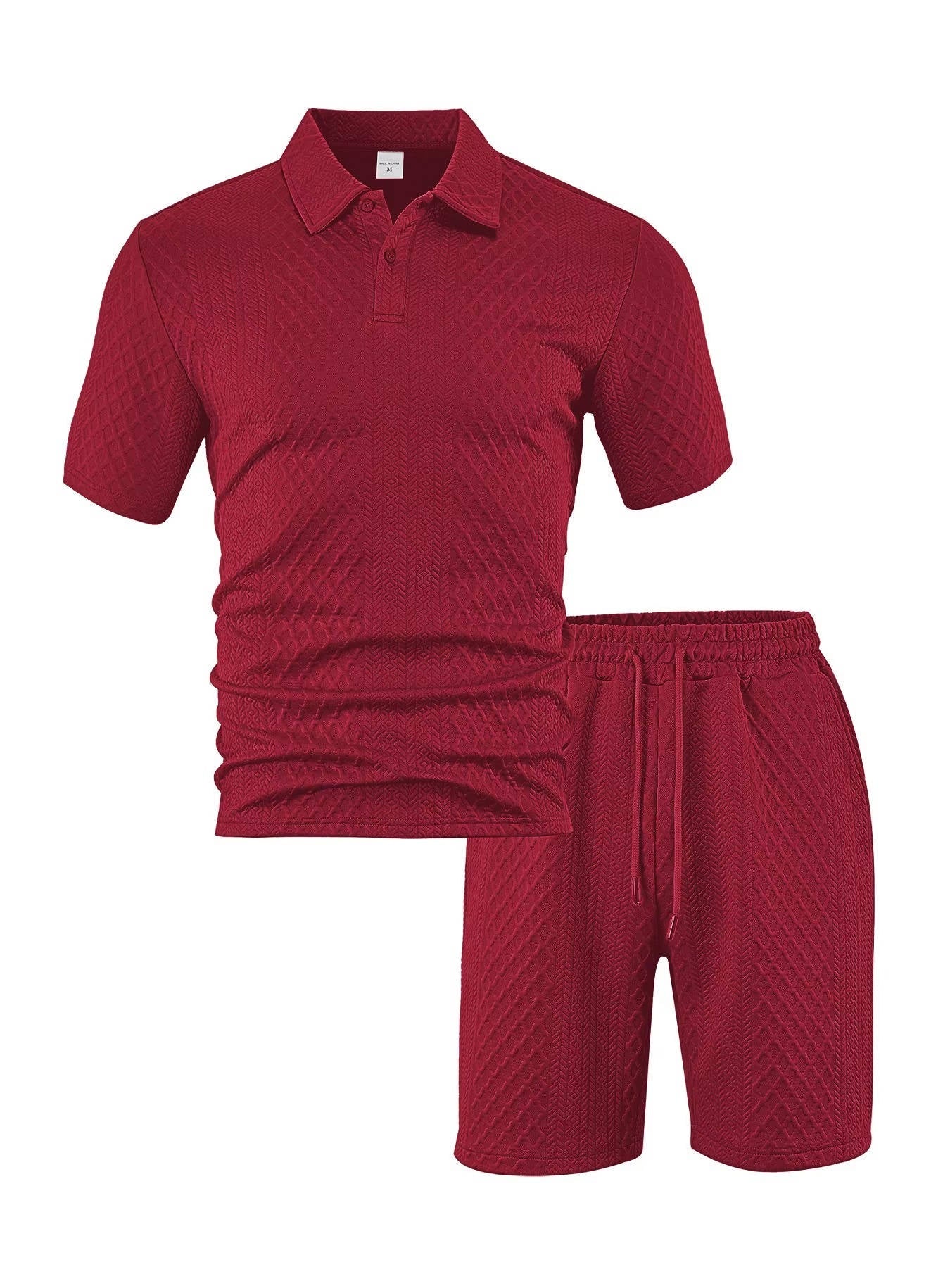 Men's Polo Shirt and Shorts Set with Herringbone Texture and Drawstring Waist
