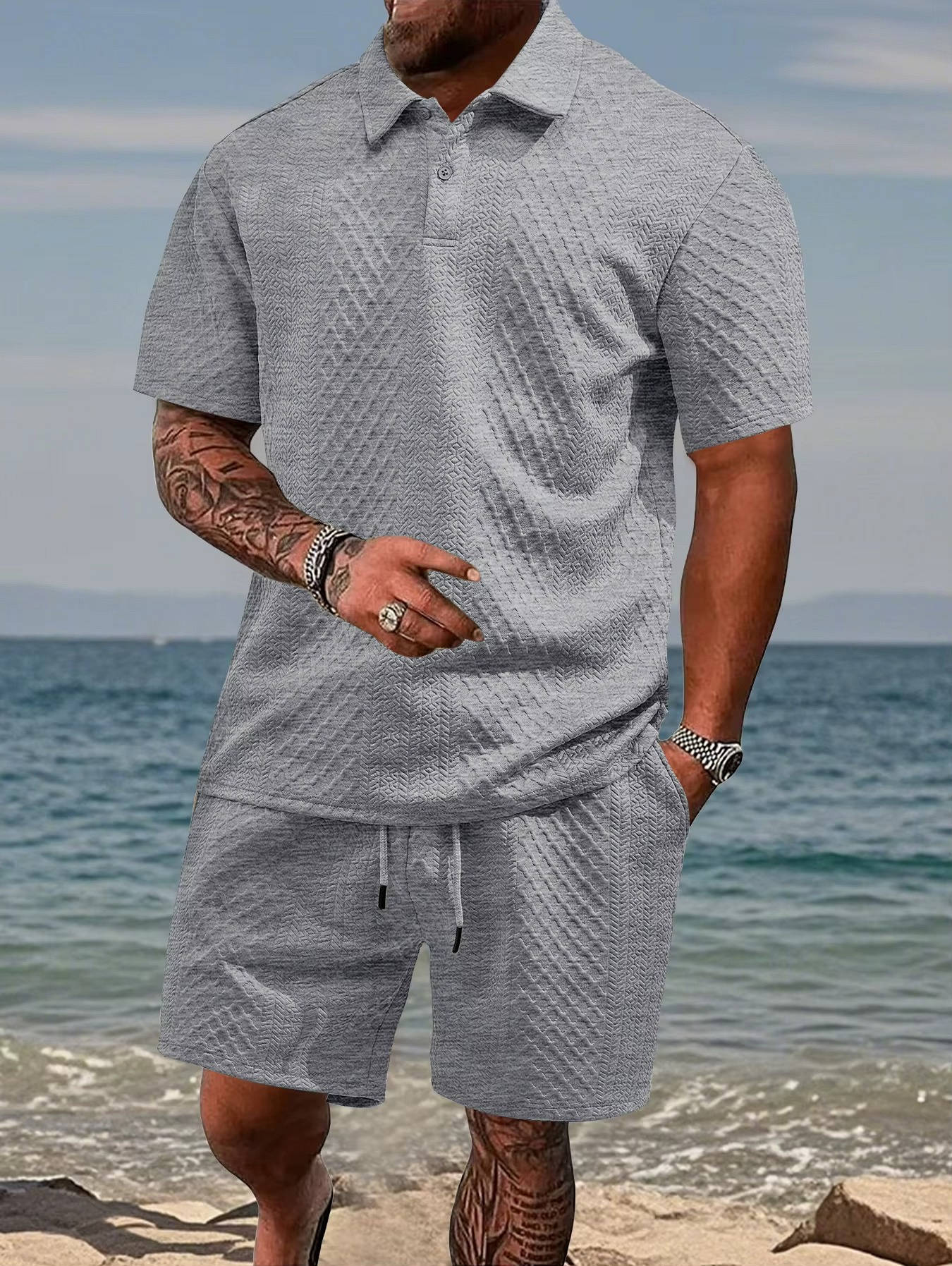 Men's Polo Shirt and Shorts Set with Herringbone Texture and Drawstring Waist