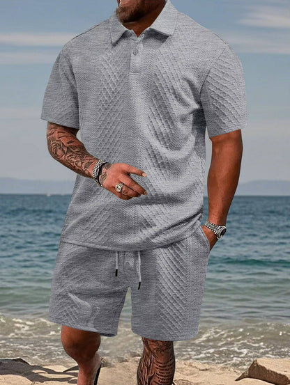 Men's Polo Shirt and Shorts Set with Herringbone Texture and Drawstring Waist