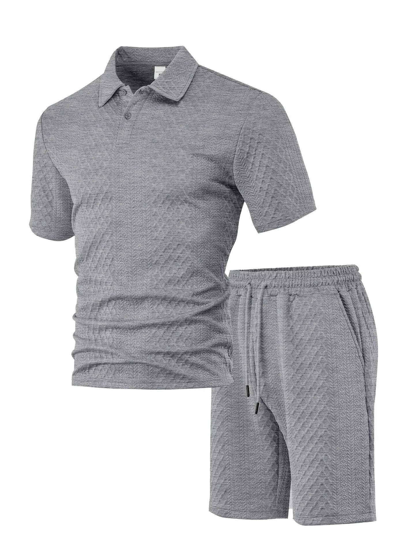 Men's Polo Shirt and Shorts Set with Herringbone Texture and Drawstring Waist