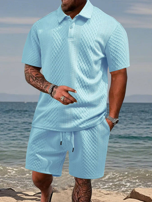 Men's Polo Shirt and Shorts Set with Herringbone Texture and Drawstring Waist