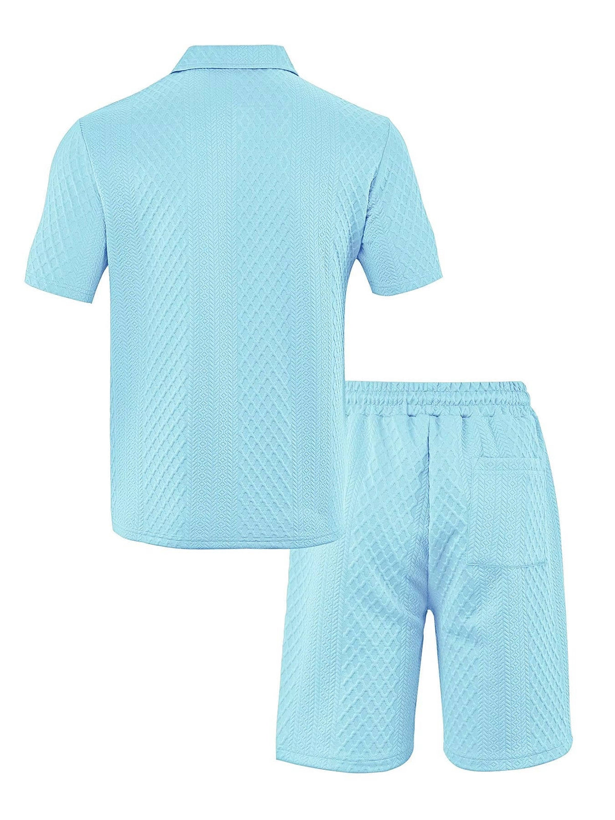 Men's Polo Shirt and Shorts Set with Herringbone Texture and Drawstring Waist