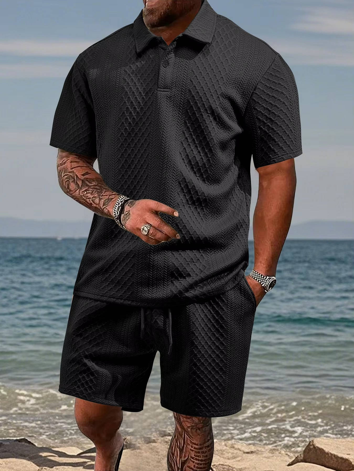 Men's Polo Shirt and Shorts Set with Herringbone Texture and Drawstring Waist