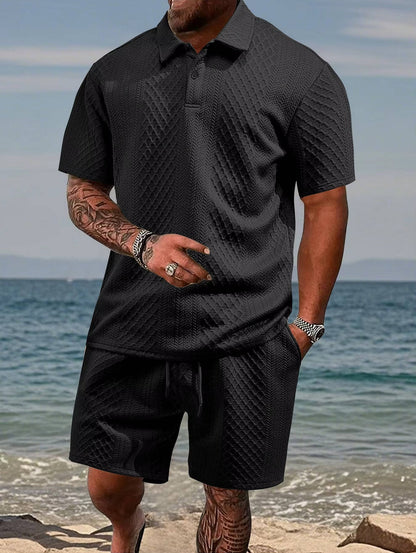 Men's Polo Shirt and Shorts Set with Herringbone Texture and Drawstring Waist