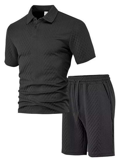 Men's Polo Shirt and Shorts Set with Herringbone Texture and Drawstring Waist