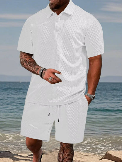 Men's Polo Shirt and Shorts Set with Herringbone Texture and Drawstring Waist