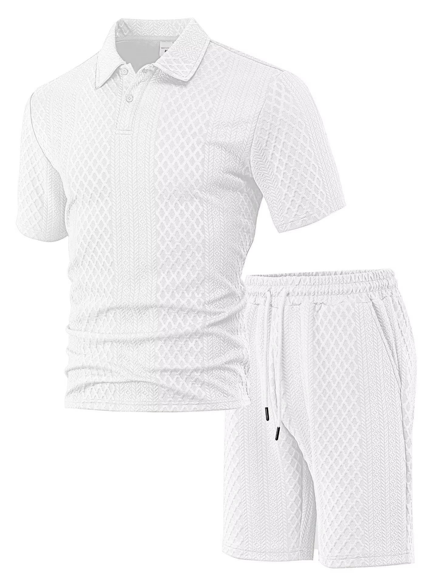 Men's Polo Shirt and Shorts Set with Herringbone Texture and Drawstring Waist