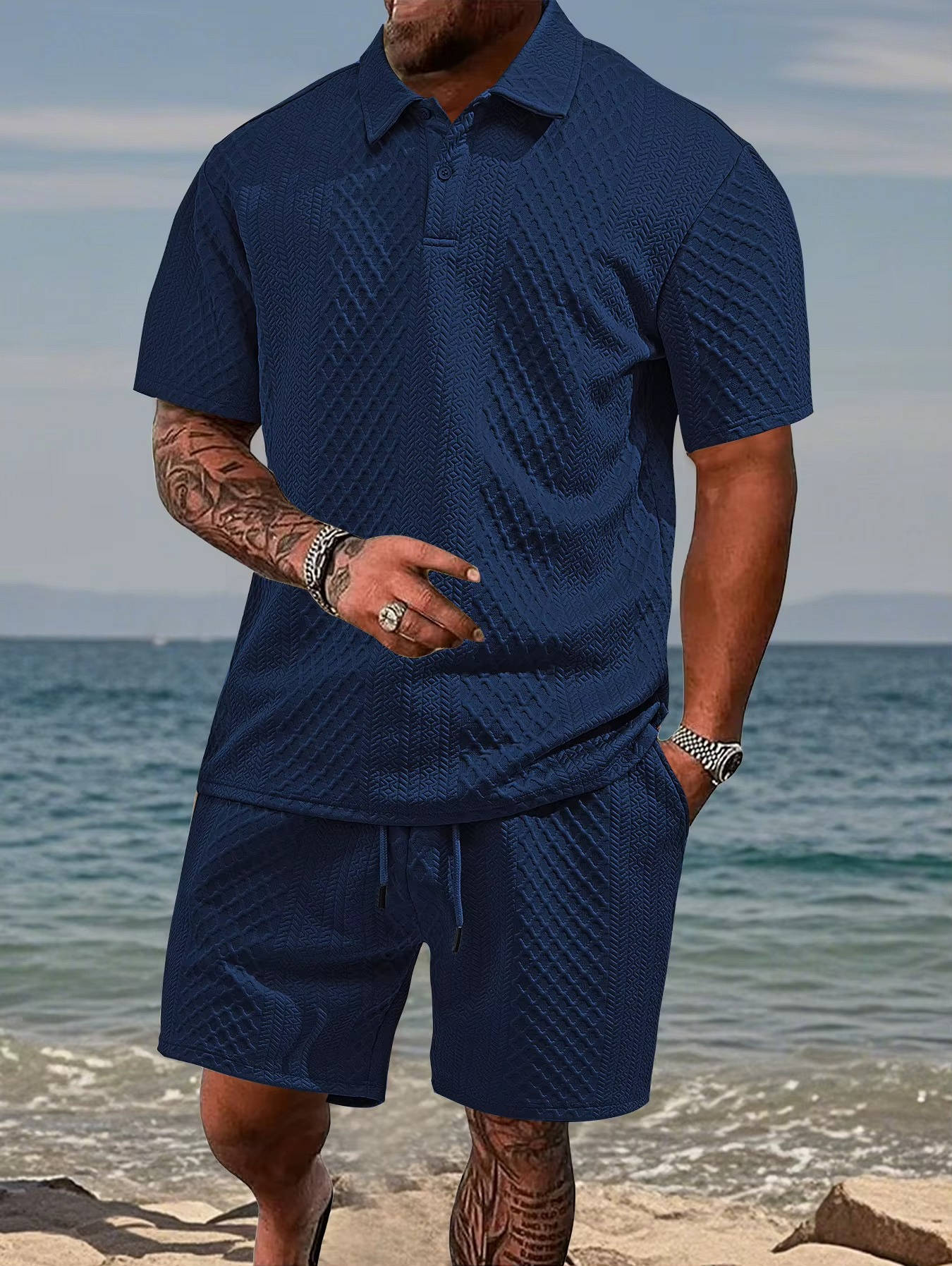 Men's Polo Shirt and Shorts Set with Herringbone Texture and Drawstring Waist