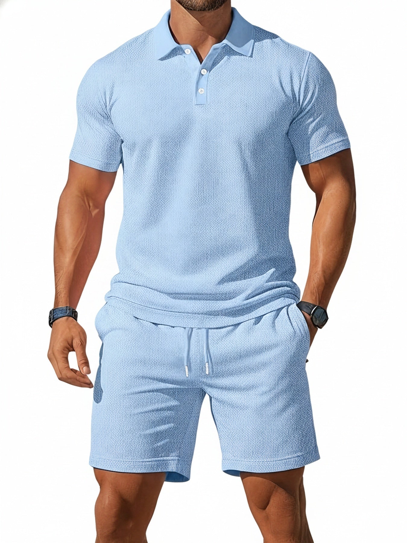 Men's Polo Shirt and Shorts Set with Short Sleeves and Button Collar