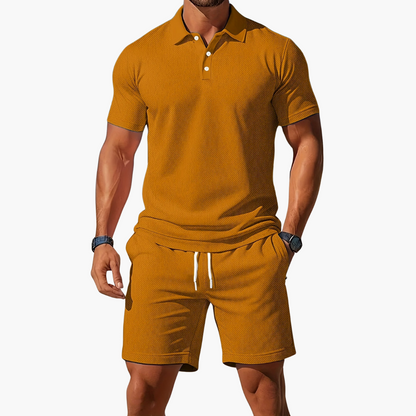 Men's Polo Shirt and Shorts Set with Short Sleeves and Button Collar