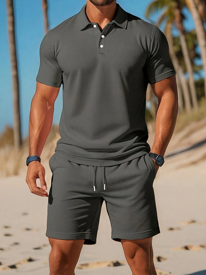 Men's Polo Shirt and Shorts Set with Short Sleeves and Button Collar