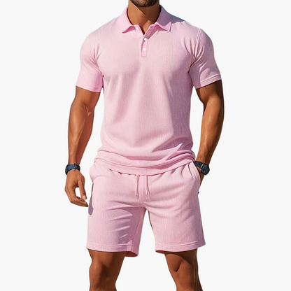 Men's Polo Shirt and Shorts Set with Short Sleeves and Button Collar