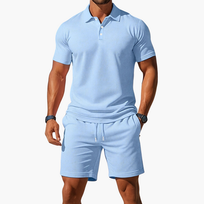 Men's Polo Shirt and Shorts Set with Short Sleeves and Button Collar