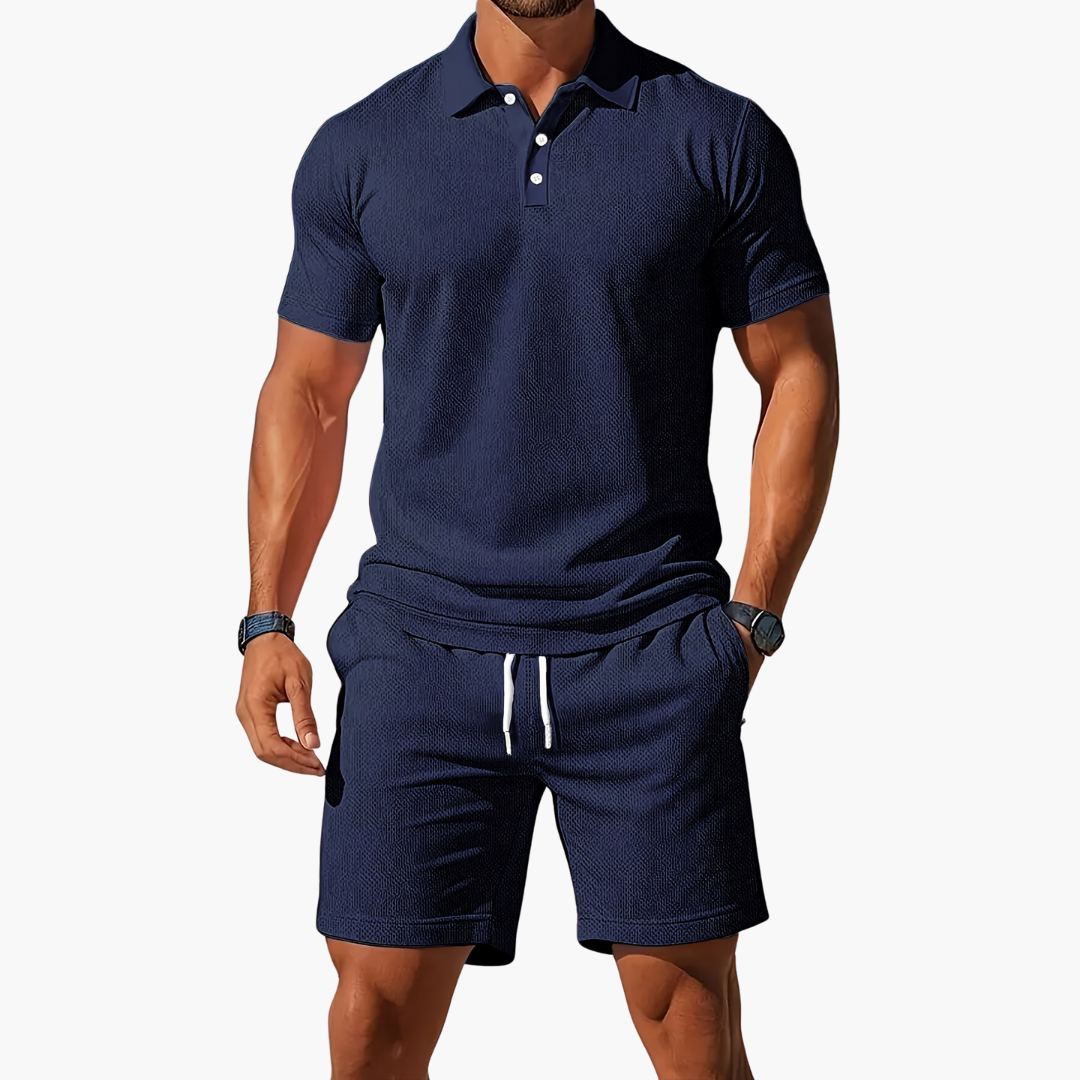 Men's Polo Shirt and Shorts Set with Short Sleeves and Button Collar