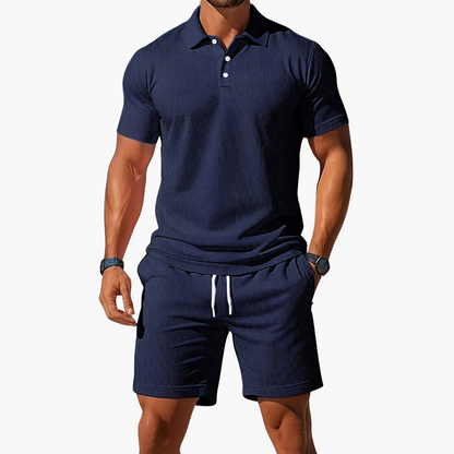 Men's Polo Shirt and Shorts Set with Short Sleeves and Button Collar