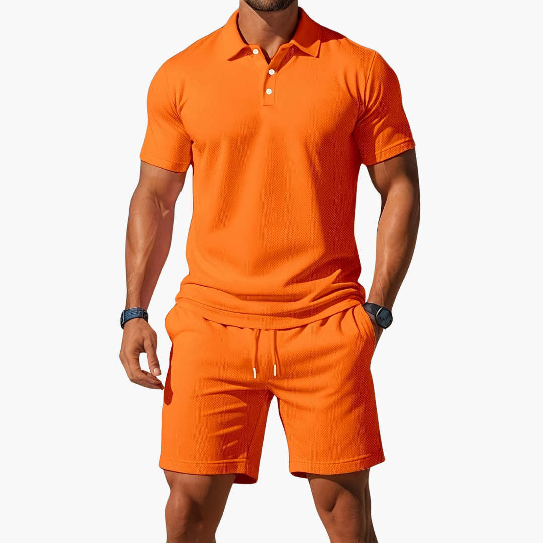 Men's Polo Shirt and Shorts Set with Short Sleeves and Button Collar