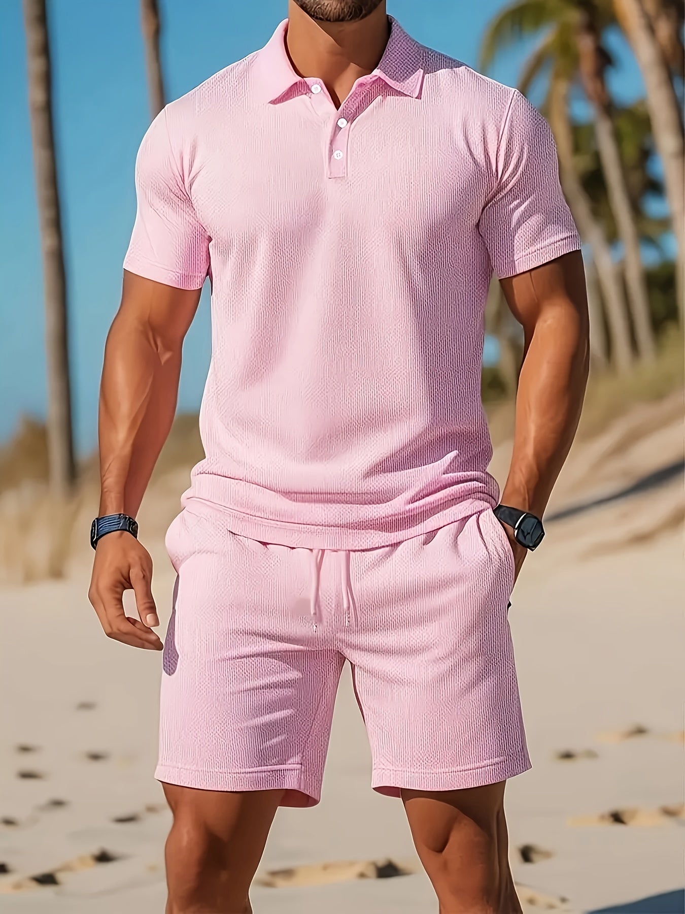 Men's Polo Shirt and Shorts Set with Short Sleeves and Button Collar