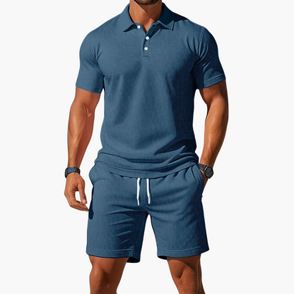 Men's Polo Shirt and Shorts Set with Short Sleeves and Button Collar